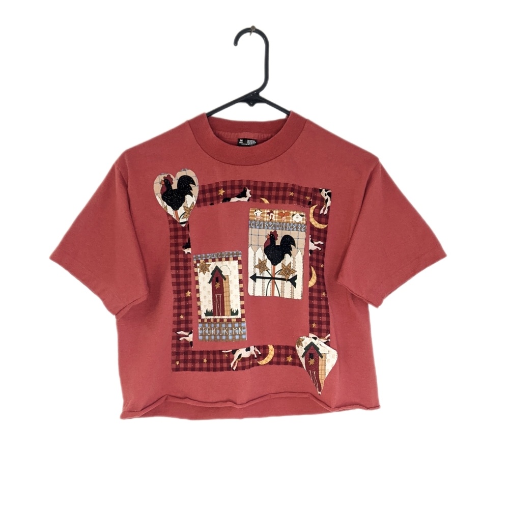 Vintage 90s Folk Art Chicken Cottagecore Patchwork Cropped Tee